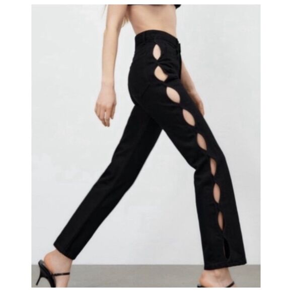 ZARA Cutout High-Waisted Eyelet Black Jeans - Picture 1 of 6